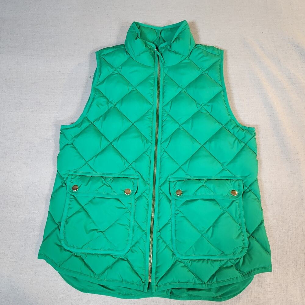 J Crew Women's Down Vest M Green | 70/30 Fill | HO16 B0109 | Zip |‎ Snap Pockets